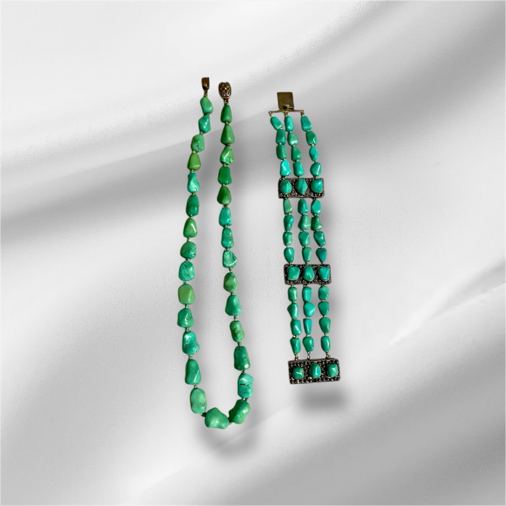 Vintage Chinese Export Turquoise Necklace Bracelet Set 925 Silver 1960s